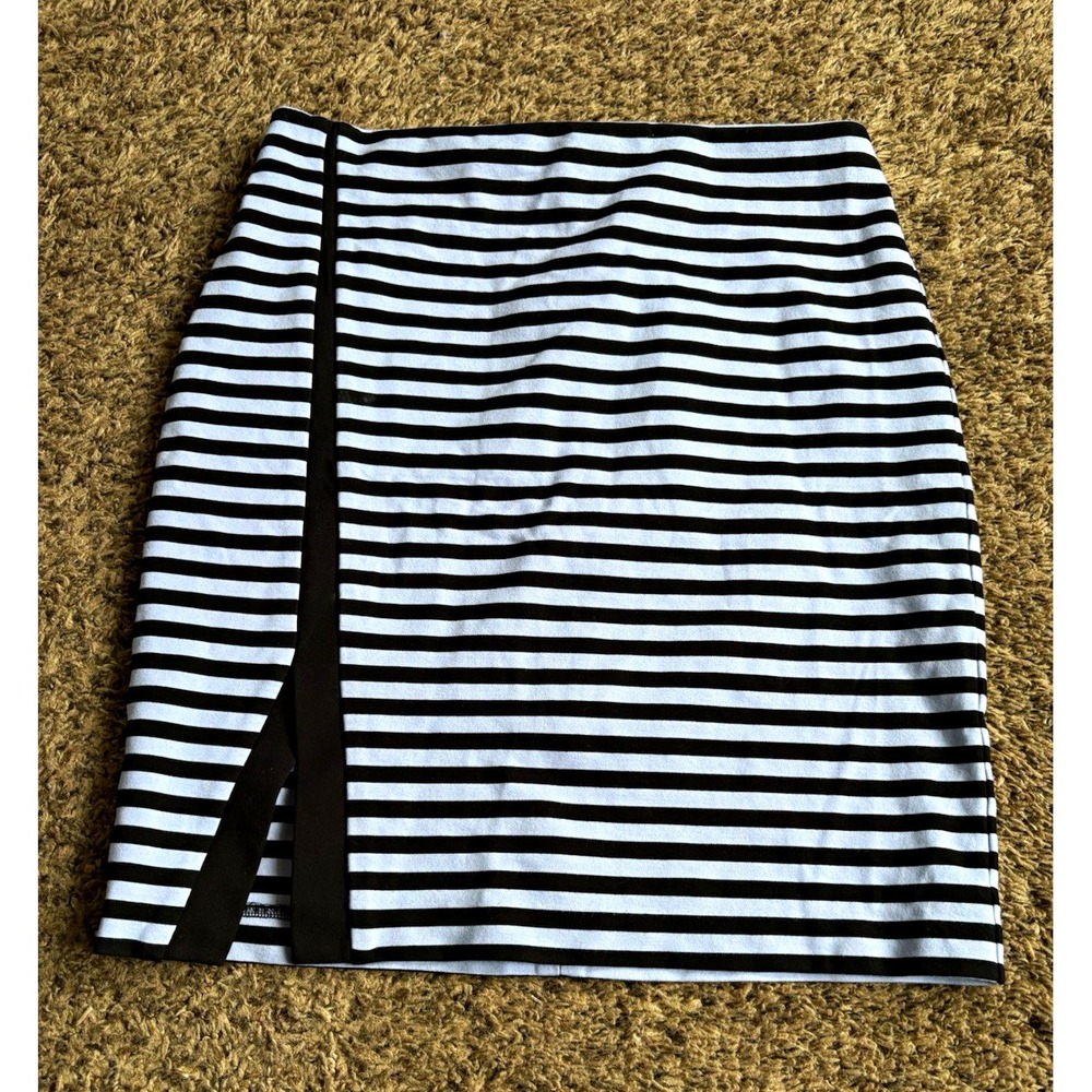 J. McLaughlin Black & Blue Striped Knit Pencil Knee Skirt Zip Stretch Size 6